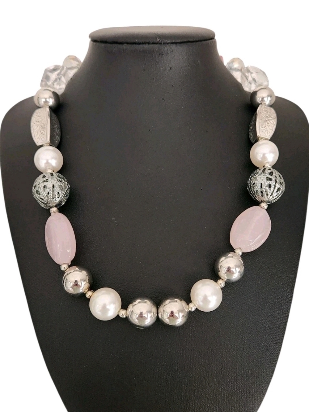 Vintage Pink White Beaded Necklace Silver Tone Filigree Glass Acrylic Pearl 23"